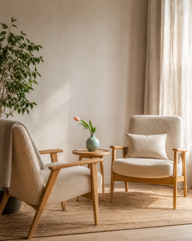 Rustige ruimte voor systemische coaching met twee stoelen en een tulp
